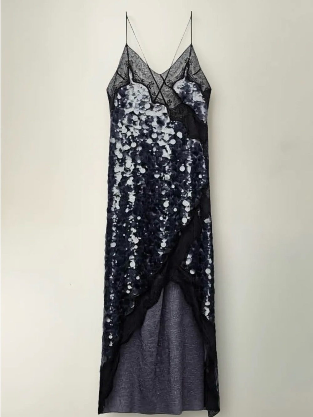 Zara navy blue Sequin Slip Dress with black Lace Trim size small